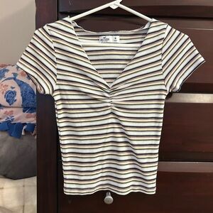 Hollister Black and White Striped V-Neck Tee